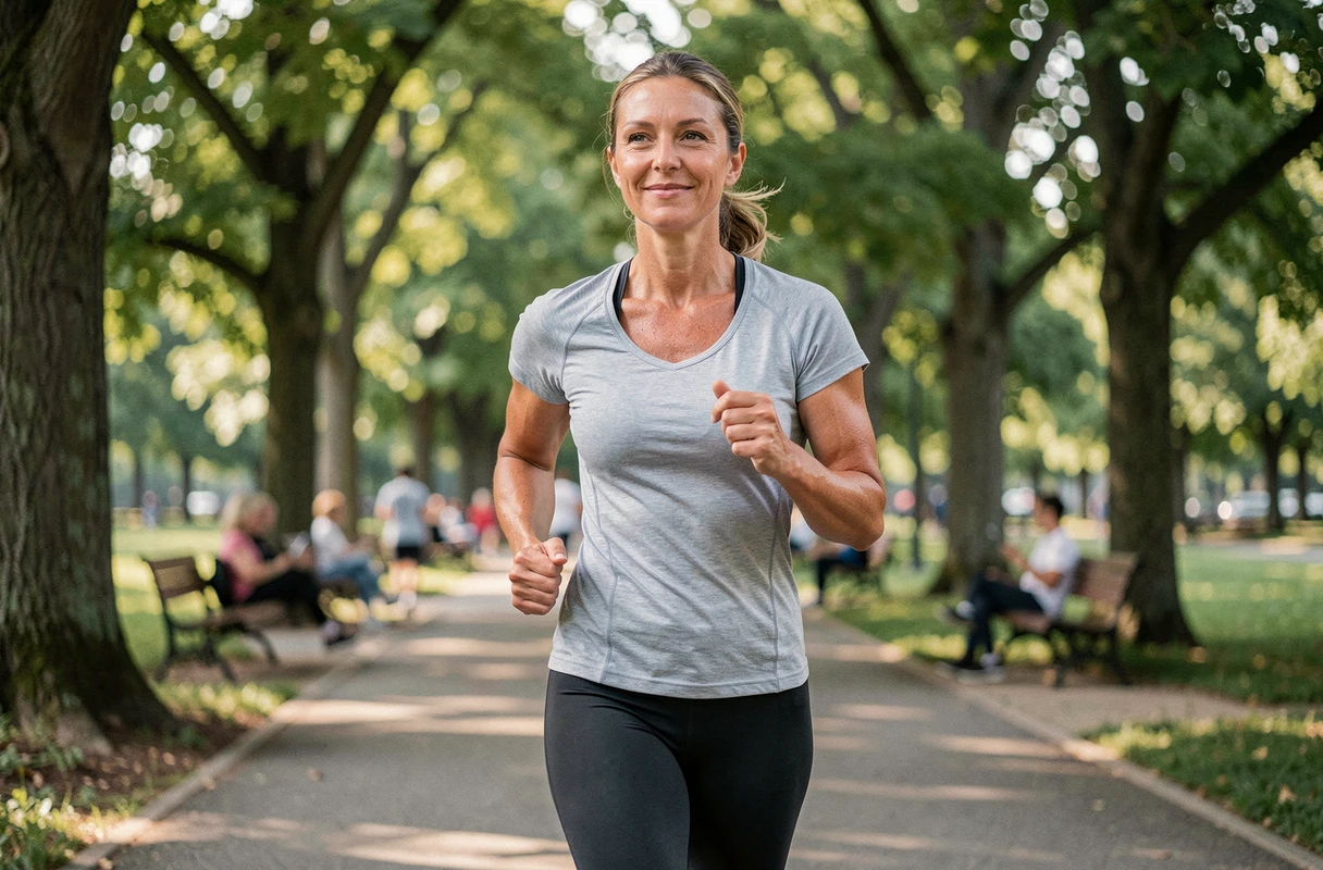 Femme de 40 ans faisant du jogging dans un parc verdoyant pour réduire les risques cardiovasculaires