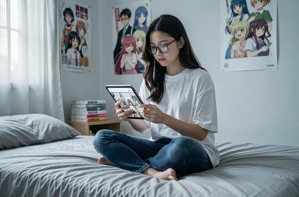 Jeune femme lisant un scan One Punch Man en japonais sur tablette dans sa chambre