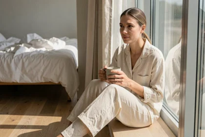 Femme en pyjama lin assise près d'une grande fenêtre le matin, profitant de la lumière naturelle pour un meilleur sommeil
