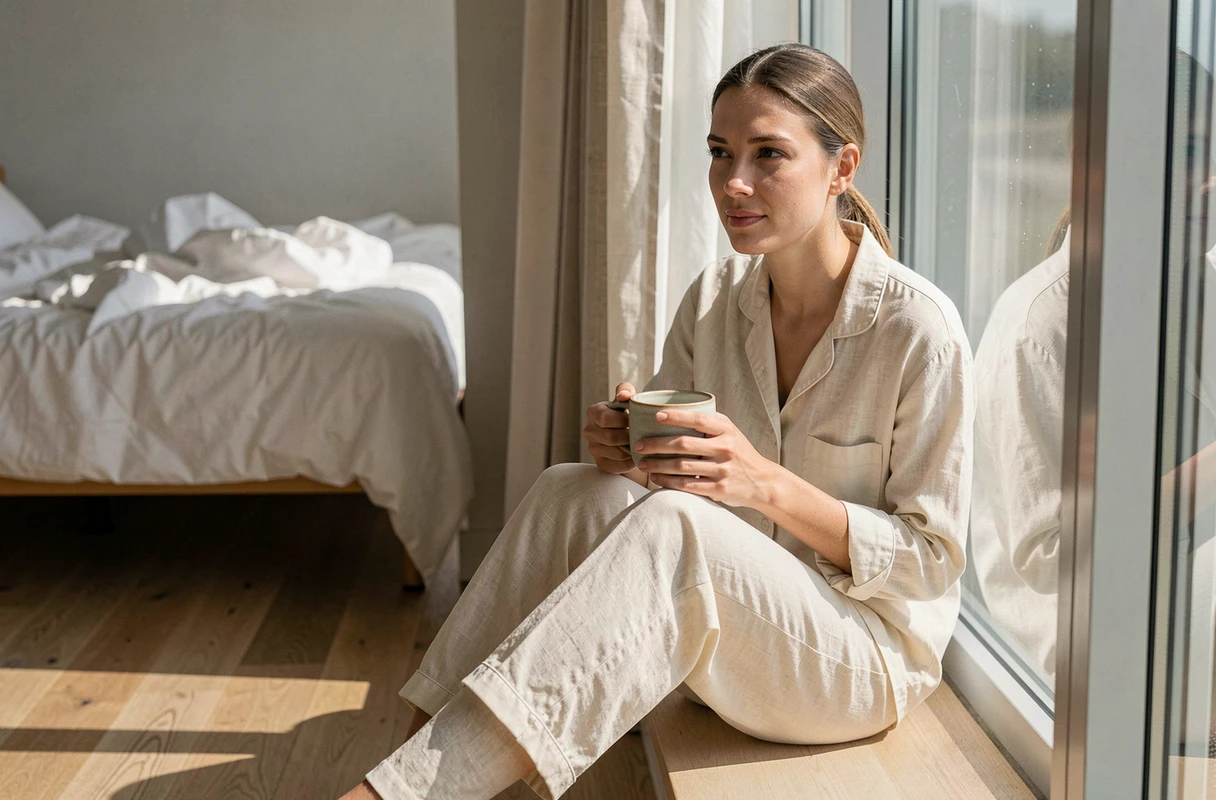 Femme en pyjama lin assise près d'une grande fenêtre le matin, profitant de la lumière naturelle pour un meilleur sommeil
