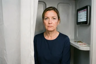 Femme utilisant un photomaton moderne avec affichage du prix des 4 photos en euros
