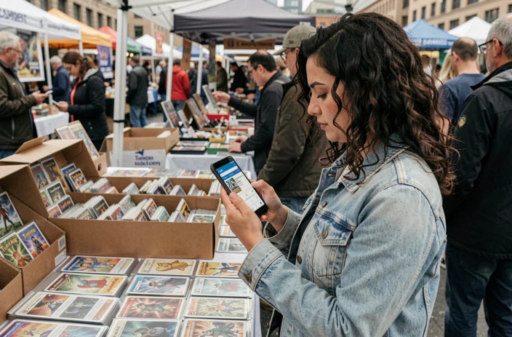 Femme consultant un site de prix de cartes Pokémon sur son smartphone devant un stand de collectibles dans un marché aux puces