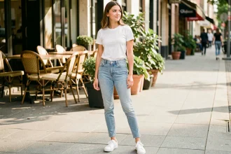 Femme portant des sneakers blanches en cuir avec un jean clair et un t-shirt blanc dans une rue urbaine animée