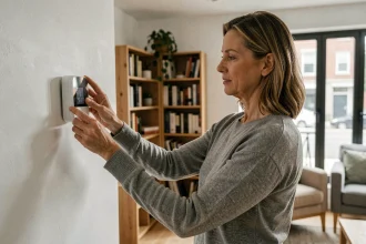 Femme ajustant un thermostat connecté pour économiser l'énergie dans un appartement moderne