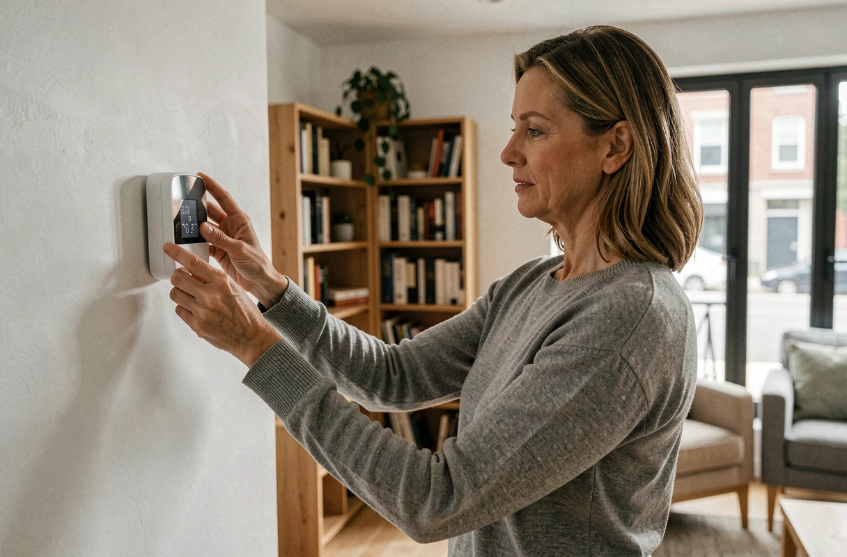 Femme ajustant un thermostat connecté pour économiser l'énergie dans un appartement moderne
