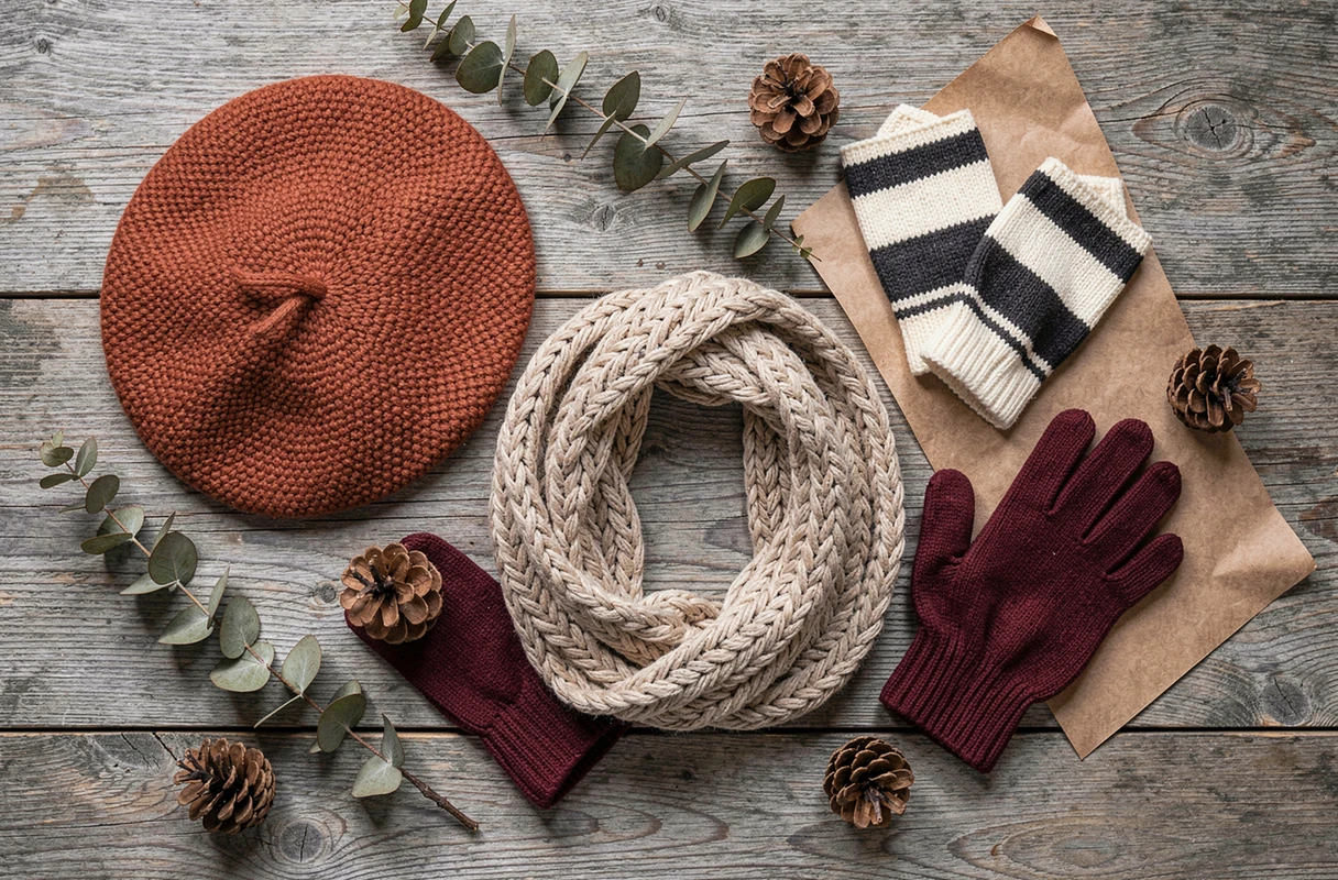 Flat lay d'accessoires en maille automne-hiver incluant béret, écharpe, mitaines et gants sur bois avec éléments naturels