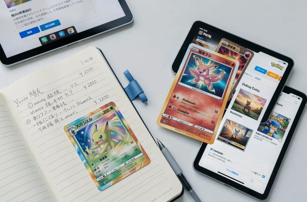 Vue à plat de cartes Pokémon rares posées sur une table blanche avec un carnet de notes de prix et une tablette affichant un site de cotation