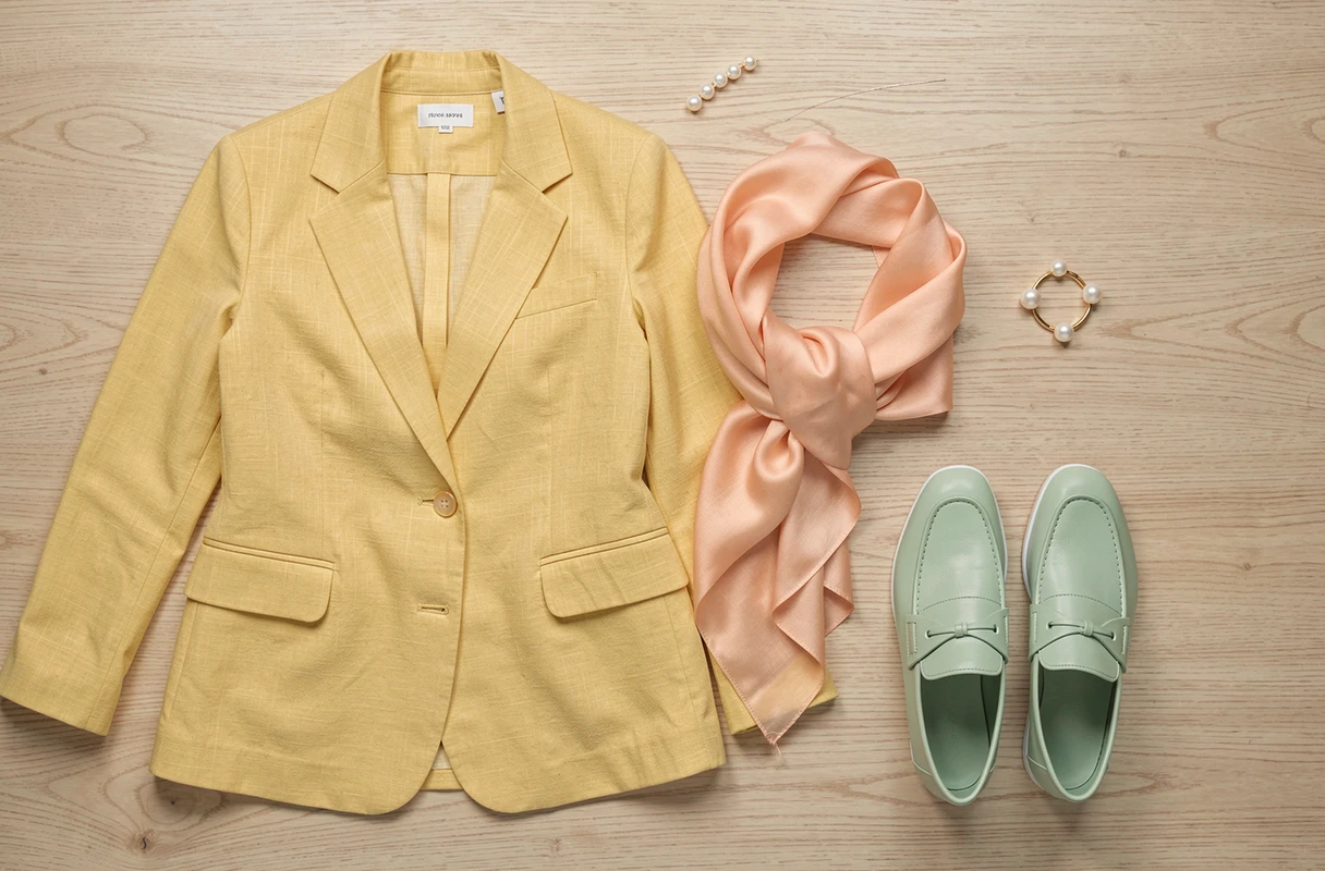 Flat-lay mode printemps avec des vêtements et accessoires aux couleurs pastel sur bois clair