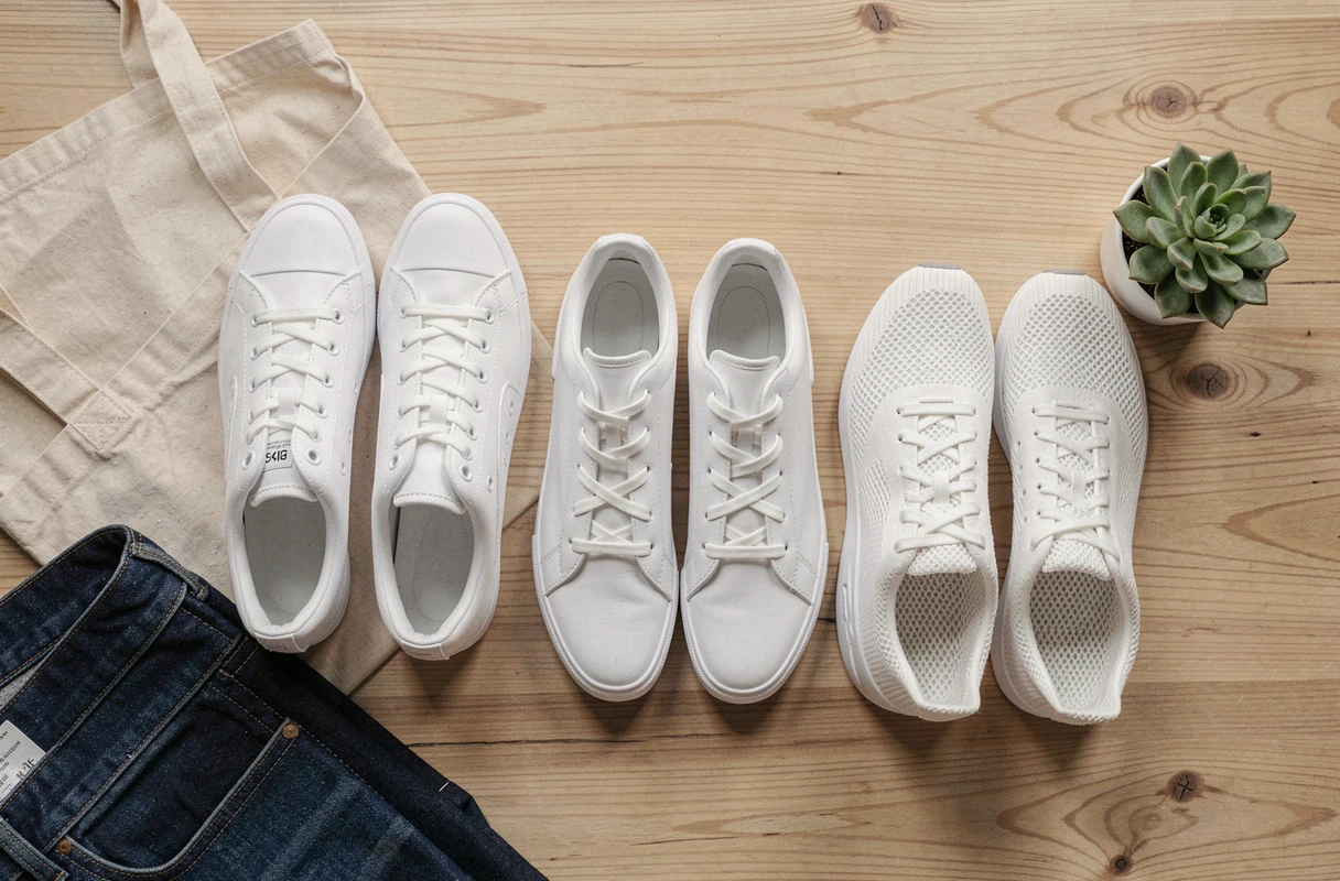 Flat-lay de trois paires de sneakers blanches aux styles variés disposées sur une surface en bois clair avec accessoires mode