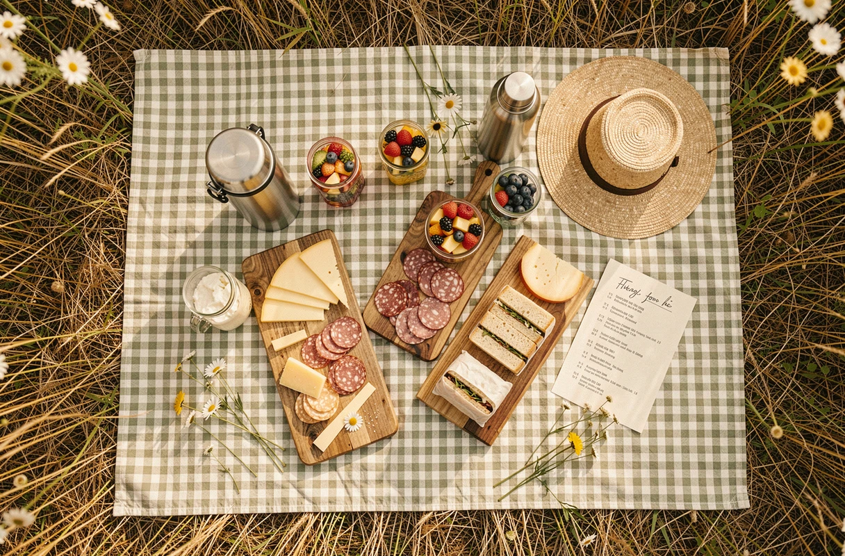 Vue aérienne d'un pique-nique familial bien organisé avec plateau fromages, fruits et sandwichs sur une couverture à carreaux