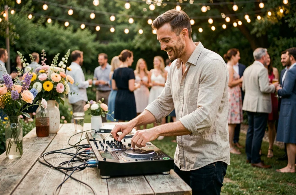 Florian Groovel en set DJ lors d'une fête de jardin en plein air dans le Val-de-Marne
