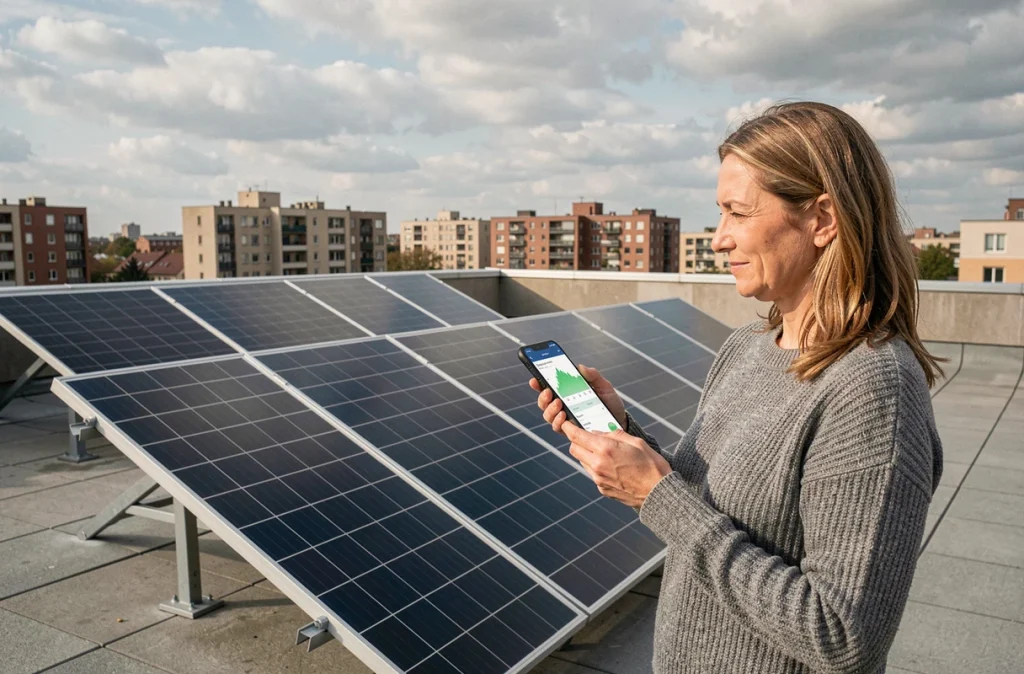 Femme consultant son application de gestion d'énergie solaire sur smartphone à côté de panneaux photovoltaïques installés sur un toit