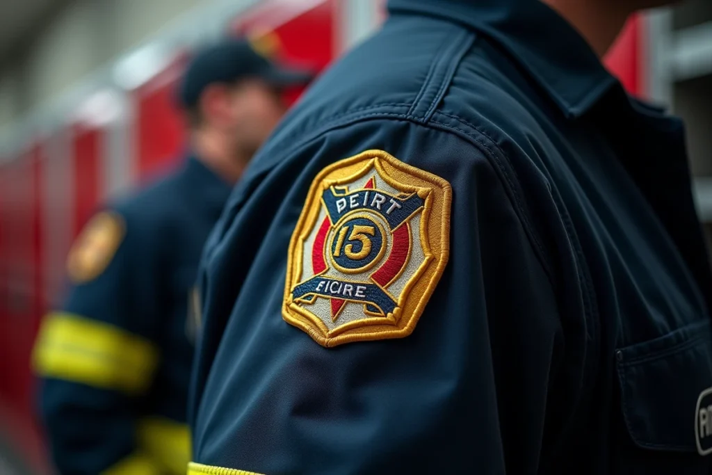 Gros plan sur les insignes de grade d'un pompier, avec chevrons brodés et badge en laiton sur l'épaule d'un uniforme marine