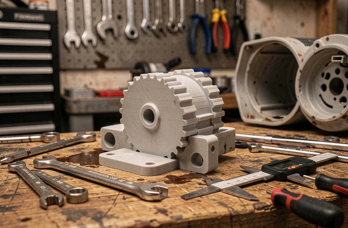 Gros plan sur des pièces mécaniques imprimées en 3D posées sur un établi d'atelier entouré d'outils de précision et d'un appareil domestique démonté