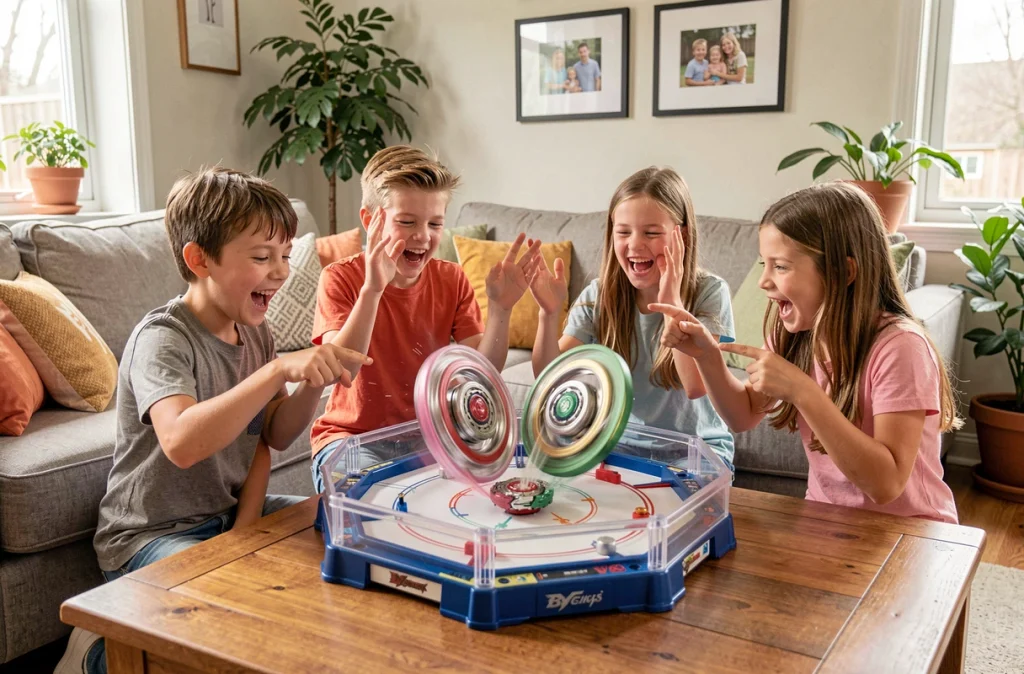 Groupe d'enfants réunis autour d'un stadium Beyblade dans un salon pour un tournoi maison animé et festif