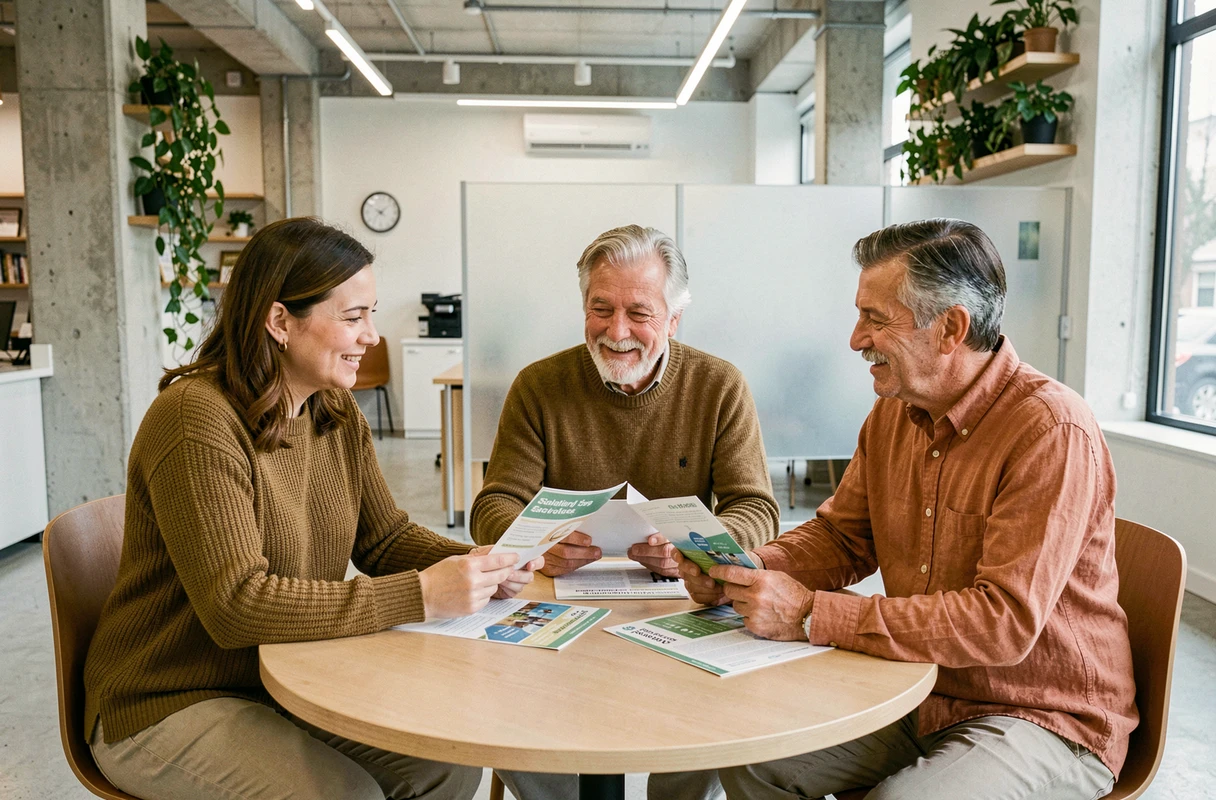 Un groupe de particuliers discute de produits d'épargne solidaire dans une agence bancaire coopérative en France