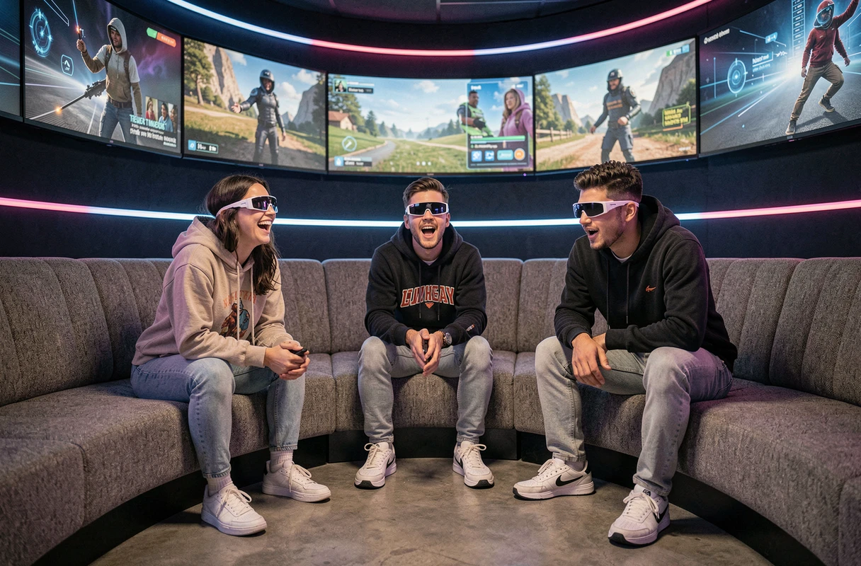 Groupe de jeunes adultes portant des lunettes de réalité augmentée dans un salon de divertissement futuriste, réagissant à des expériences AR immersives