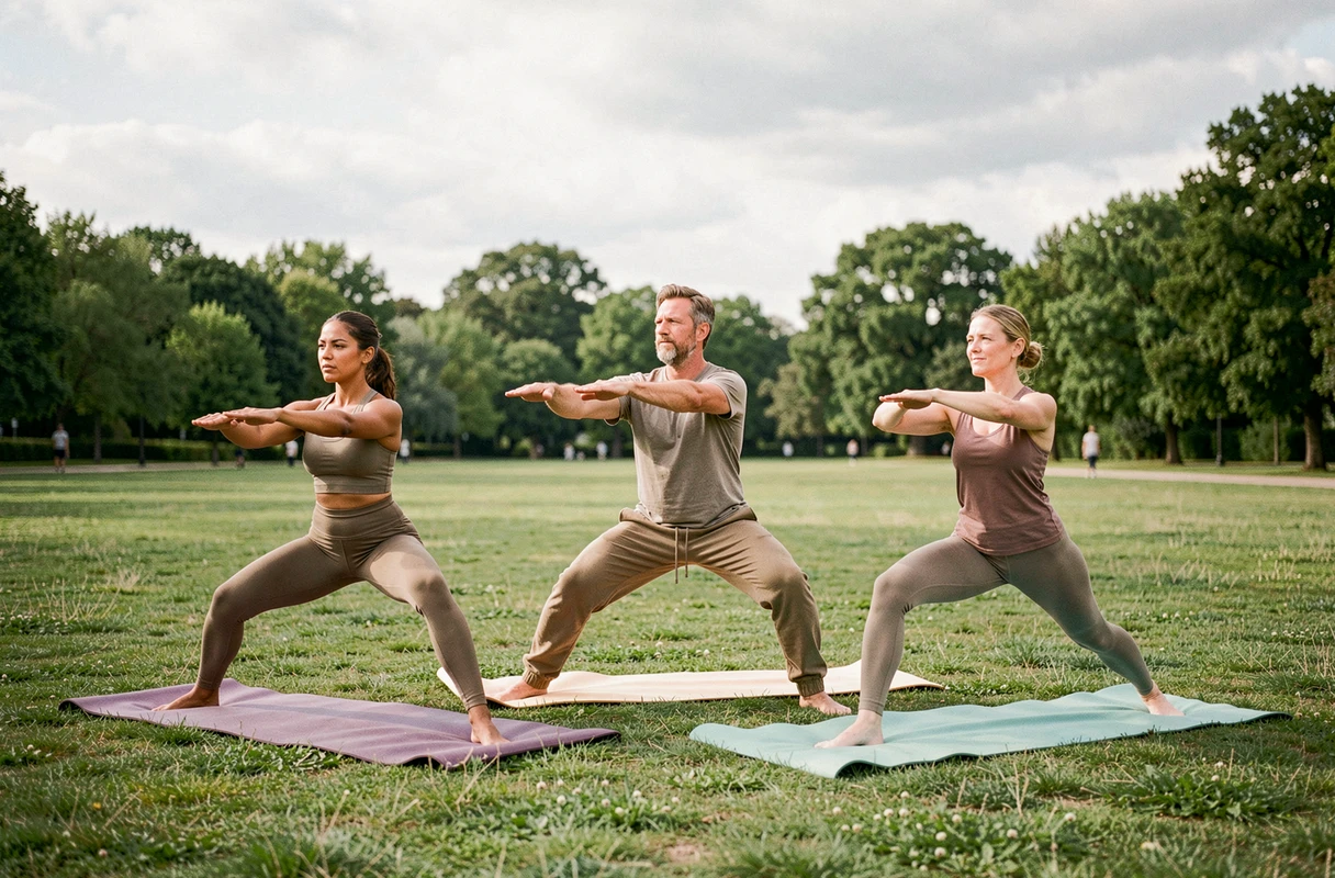 Groupe d'adultes pratiquant le yoga en plein air dans un parc pour améliorer leur santé cardiovasculaire