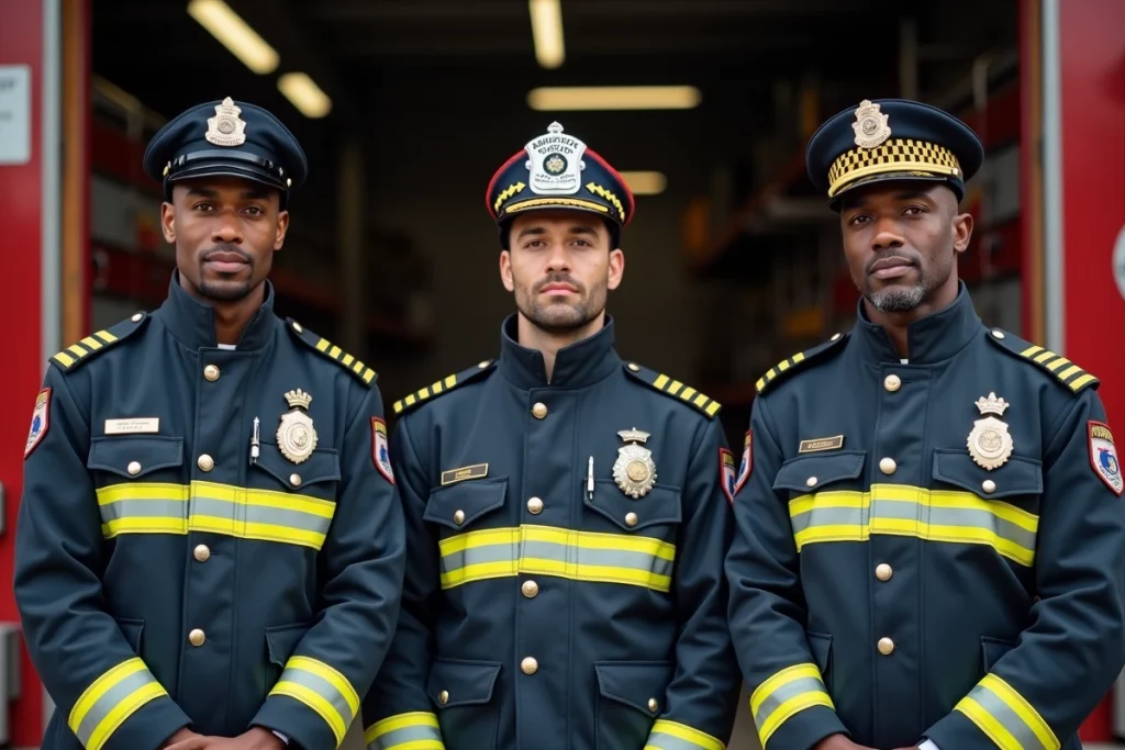 Trois pompiers en uniforme côte à côte devant une caserne, illustrant différents grades du simple sapeur au chef avec galons et insignes visibles