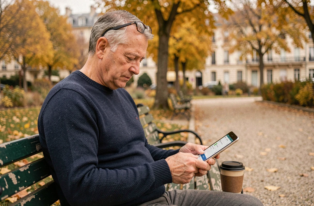 Un homme mature consulte une application d'épargne solidaire sur une tablette dans un jardin public urbain en France