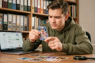 Jeune homme examinant attentivement une carte Pokémon holographique à son bureau, avec un site de comparaison de prix visible sur son ordinateur portable