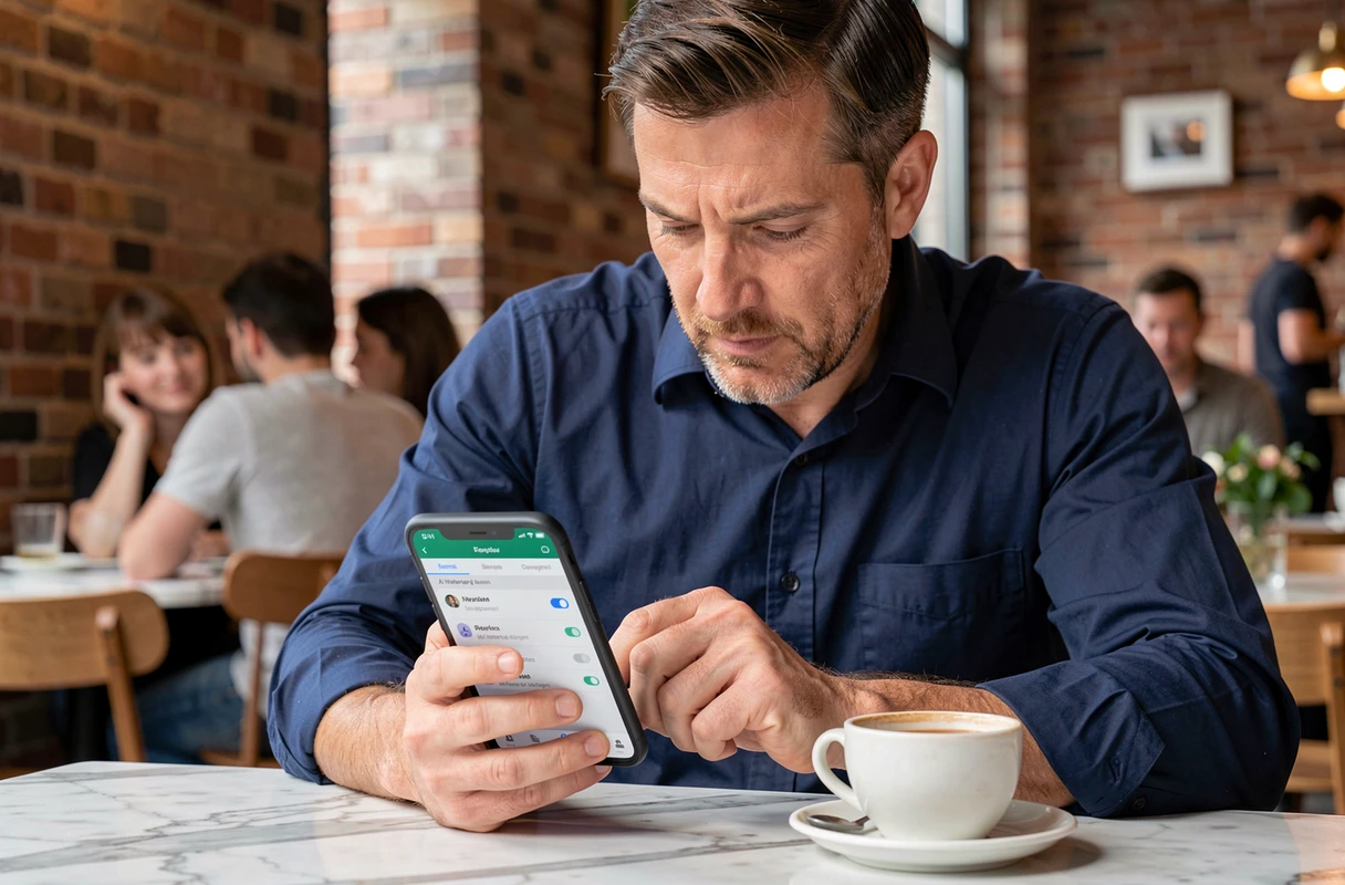 Homme consultant ses courriels gérés par intelligence artificielle sur smartphone dans un café urbain