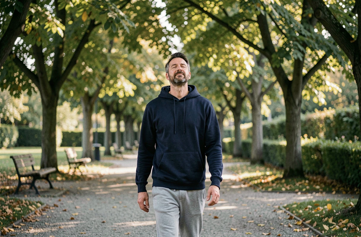 Homme marchant dans un parc en matinée sous la lumière naturelle, favorisant un cycle de sommeil sain