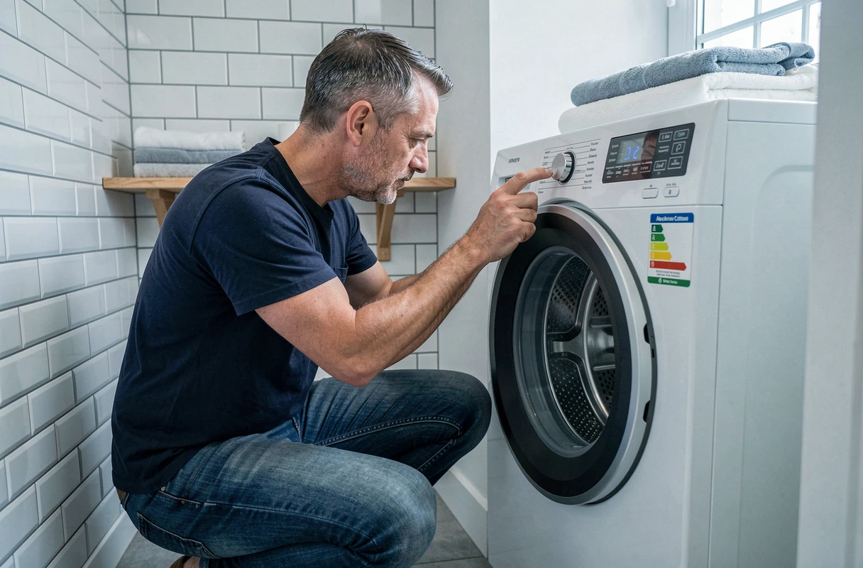 Homme sélectionnant un programme éco basse température sur un lave-linge pour réduire la consommation d'énergie