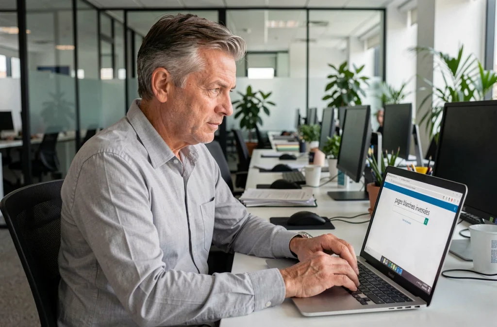 Homme recherchant un numéro de téléphone sur un annuaire inversé en ligne depuis son bureau professionnel