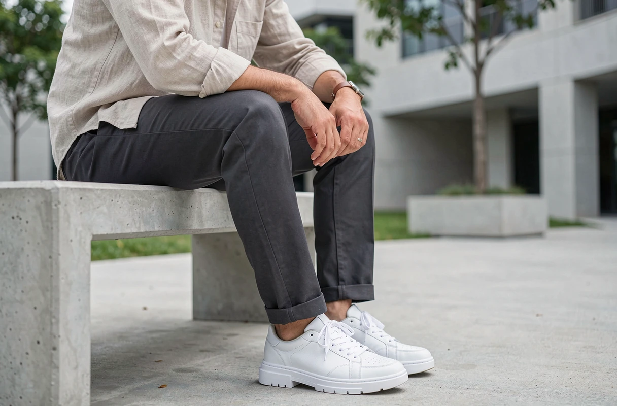 Homme en chino et chemise lin assis sur un banc avec des sneakers blanches à semelle épaisse dans un parc moderne