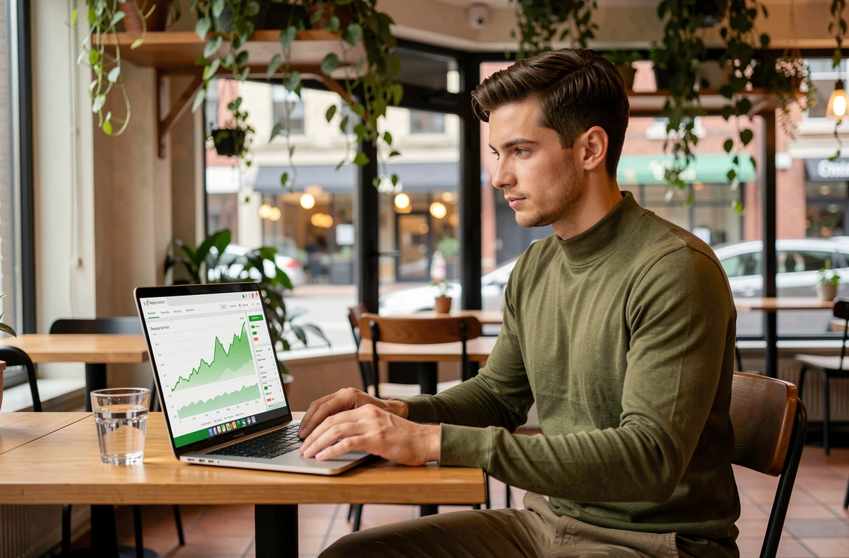 Jeune homme consultant un tableau de bord financier sur des obligations vertes dans un café urbain tendance