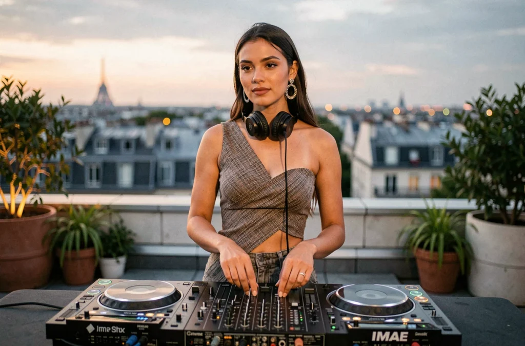 La DJ IMAE en performance sur une terrasse en rooftop avec le skyline parisien en arrière-plan