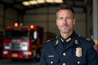 Pompier en uniforme réglementaire montrant ses insignes de grade dorés sur les épaulettes et le col, devant une caserne de pompiers