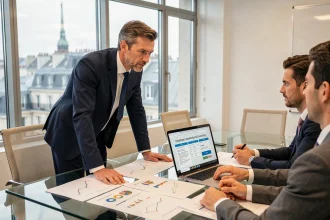 Homme d'affaires français en réunion autour de contrats de licences de jeux vidéo dans un bureau parisien moderne