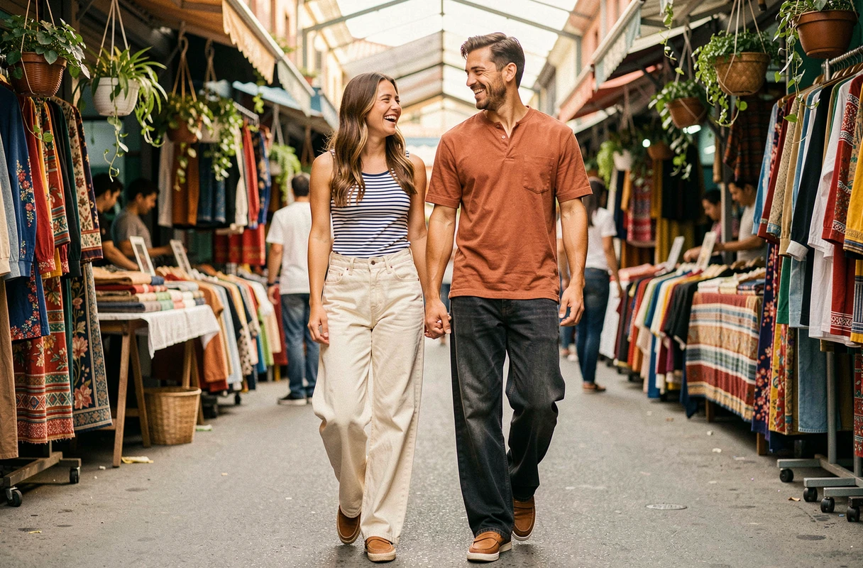 Deux amis portant des jeans larges dans un marché urbain en plein air, mode estivale mixte décontractée