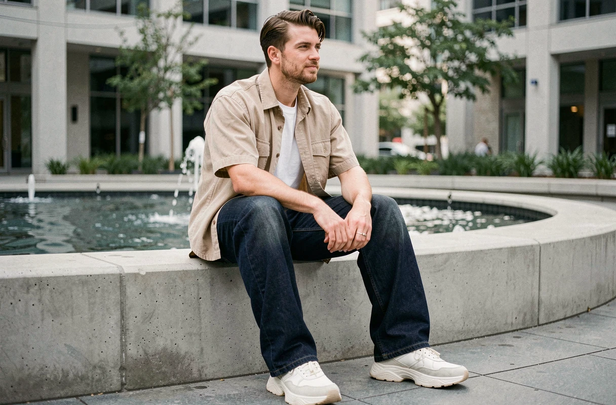 Homme en jean large indigo assis sur une fontaine urbaine, style streetwear masculin décontracté en été