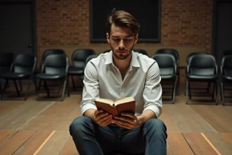 Jeune acteur assis sur une scène de théâtre noir en répétition, consultant ses notes dans un carnet, atmosphère authentique et intimiste