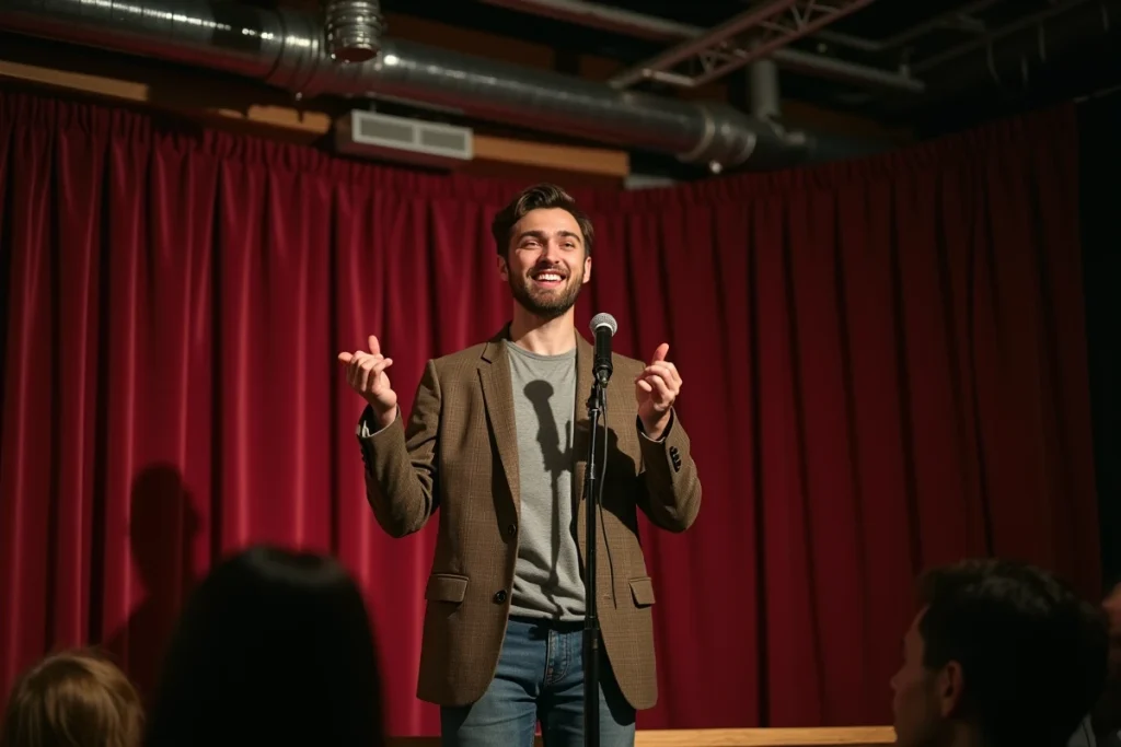Jeune acteur comique sur scène dans un club de comédie, microphone en main, expression expressive pendant un sketch humoristique