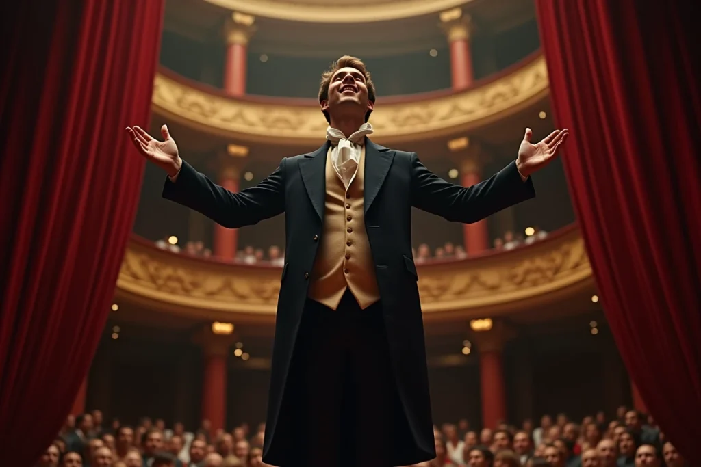Jeune acteur en costume de théâtre classique au centre d'une grande scène lors d'un triomphe théâtral devant un public en salle