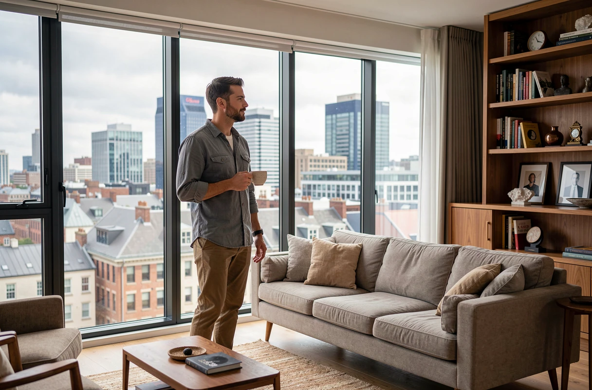 Jeune actif dans son appartement meublé en location avec vue sur la ville