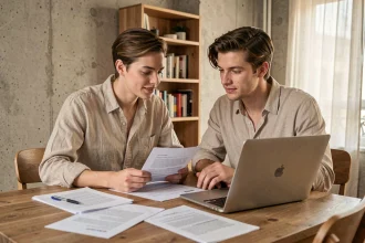 Jeune couple étudiant un contrat d'assurance emprunteur pour leur premier achat immobilier