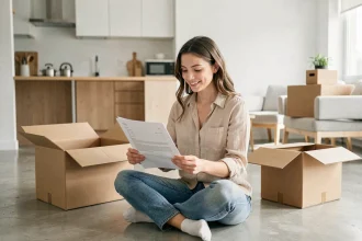 Jeune femme signant un bail de location meublée dans son nouveau studio moderne