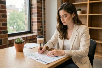 Jeune investisseuse analysant un rapport de placements à impact environnemental dans un espace de coworking moderne