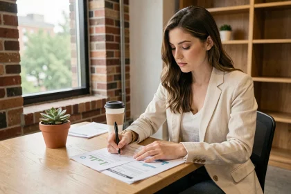 Jeune investisseuse analysant un rapport de placements à impact environnemental dans un espace de coworking moderne