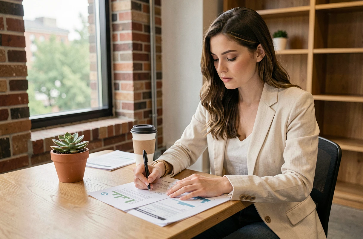 Jeune investisseuse analysant un rapport de placements à impact environnemental dans un espace de coworking moderne