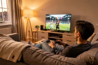 Joueur détendu sur un canapé devant un écran de jeu