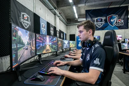 Joueur esport professionnel assis à son poste de jeu dans une arène esport française avec logos Ubisoft et équipements compétitifs