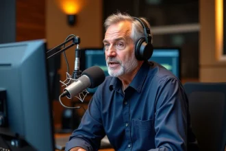 Journaliste radio français assis devant un microphone de studio professionnel, concentré sur son émission en direct