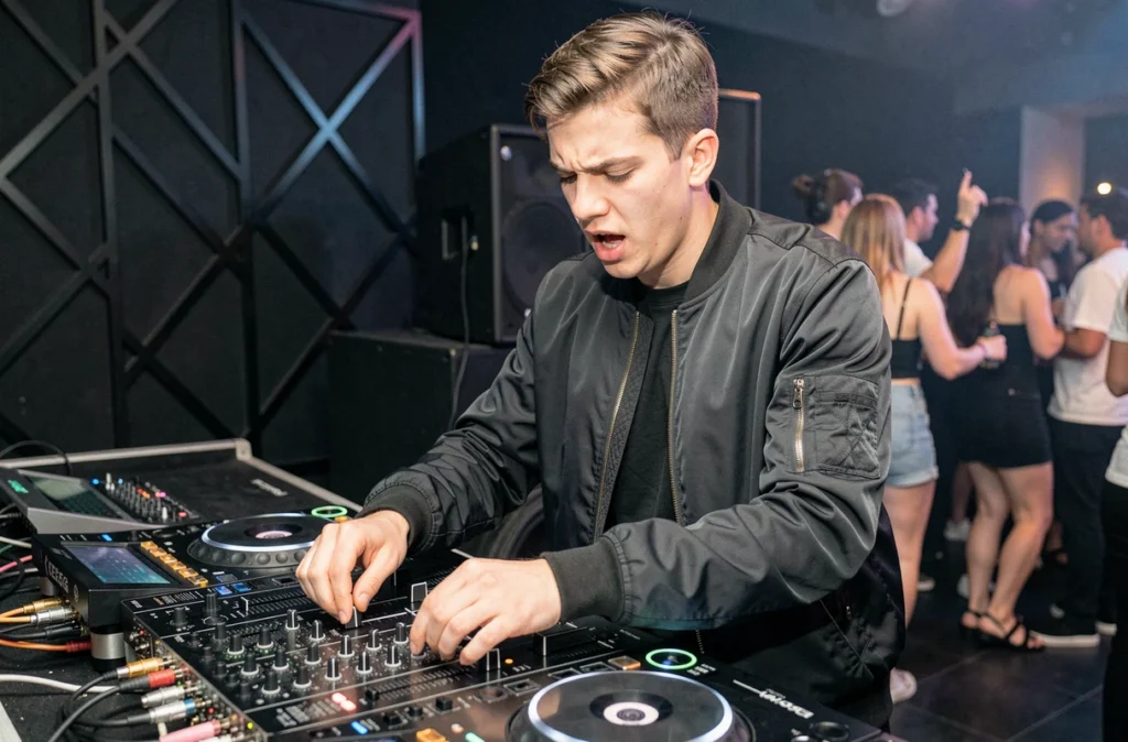 Le DJ KEEG derrière ses platines dans un club contemporain du Val-de-Marne lors d'une soirée