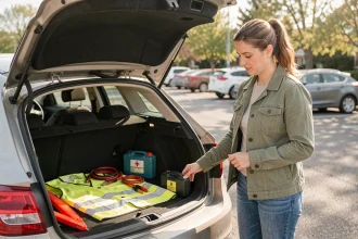 Femme organisant un kit de sécurité routière dans le coffre de sa voiture, avec triangle de signalisation, gilet jaune et trousse de premiers secours